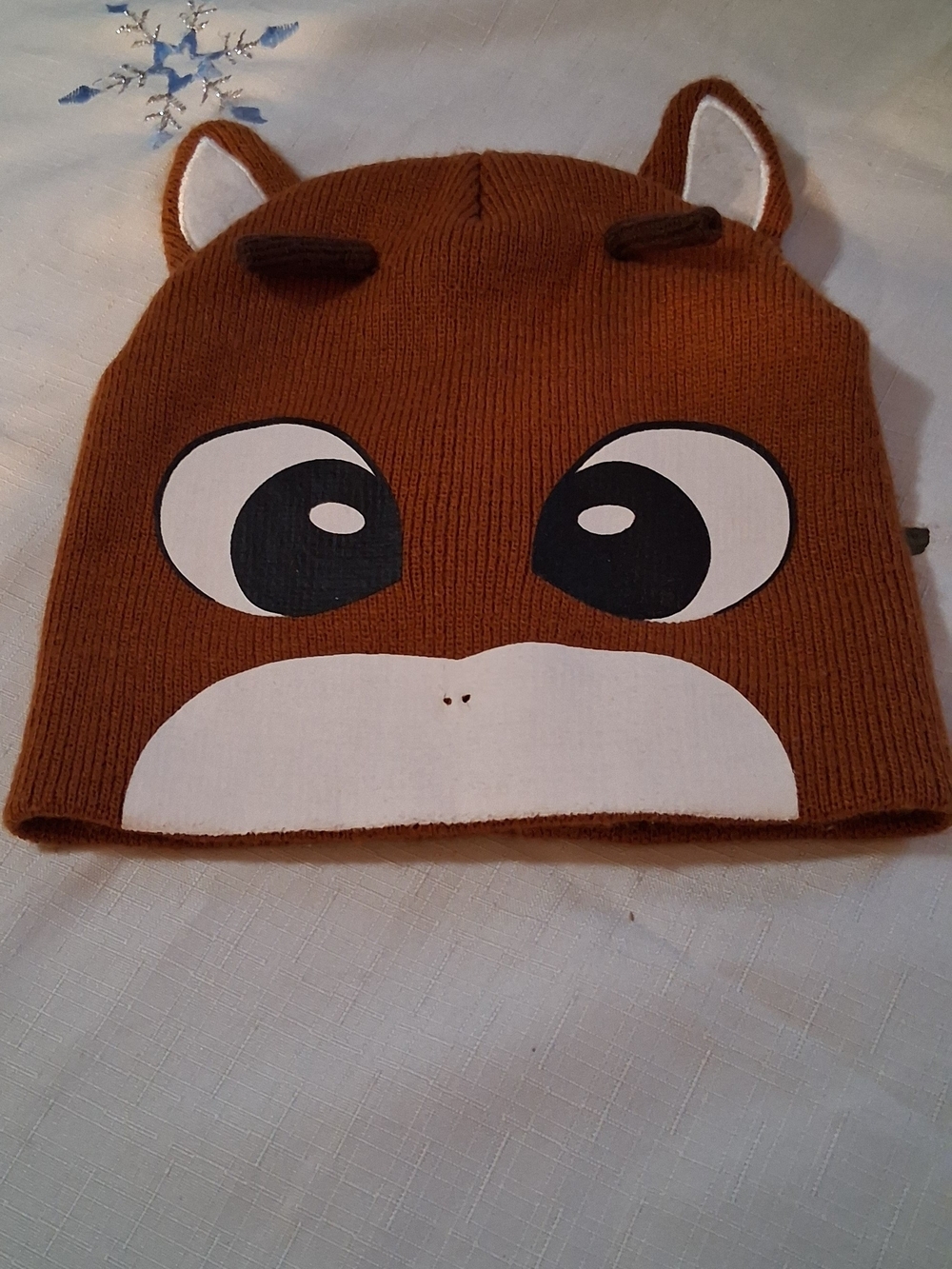 Kids Brown Animal Face Knit Beanie with Ear Accents OS 260953